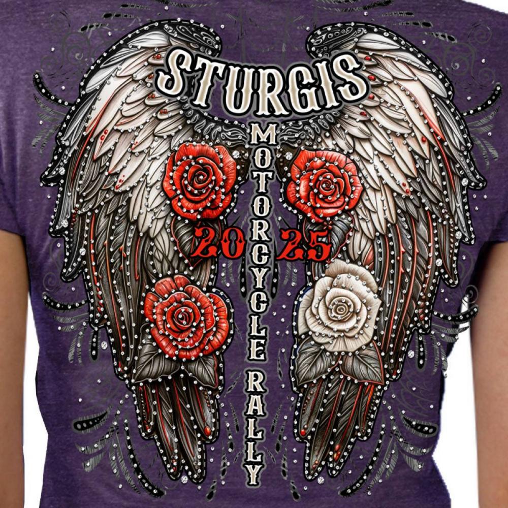 2025 Sturgis Women's Motorcycle Rally Leather Wings Purple Ladies T-Shirt