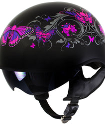 Milwaukee Helmets T72 Gloss Black Pink Butterflies Advanced DOT Helmet for Men and Women with Drop Down Tinted Visor