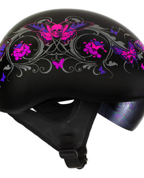 Milwaukee Helmets T72 Gloss Black Pink Butterflies Advanced DOT Helmet for Men and Women with Drop Down Tinted Visor
