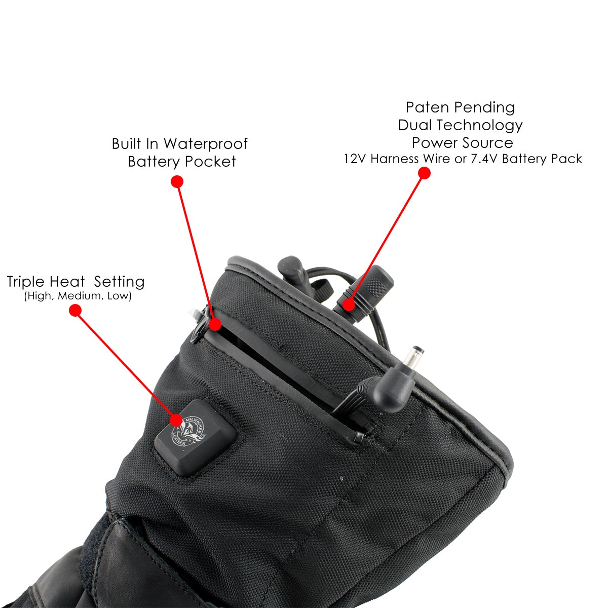 Nexgen Heat NXG17501SET Men’s Black Leather and Textile Heated Motorcycle Gloves and Harness Wire
