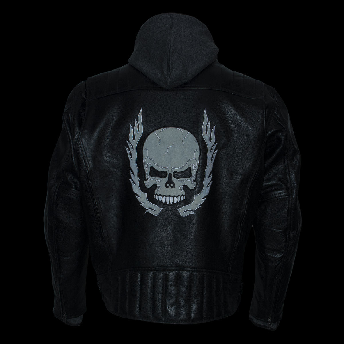 Xelement BXU573 Men's Black 'Alibi' Armored Leather Motorcycle Jacket with Skull Embroidery and Hoodie
