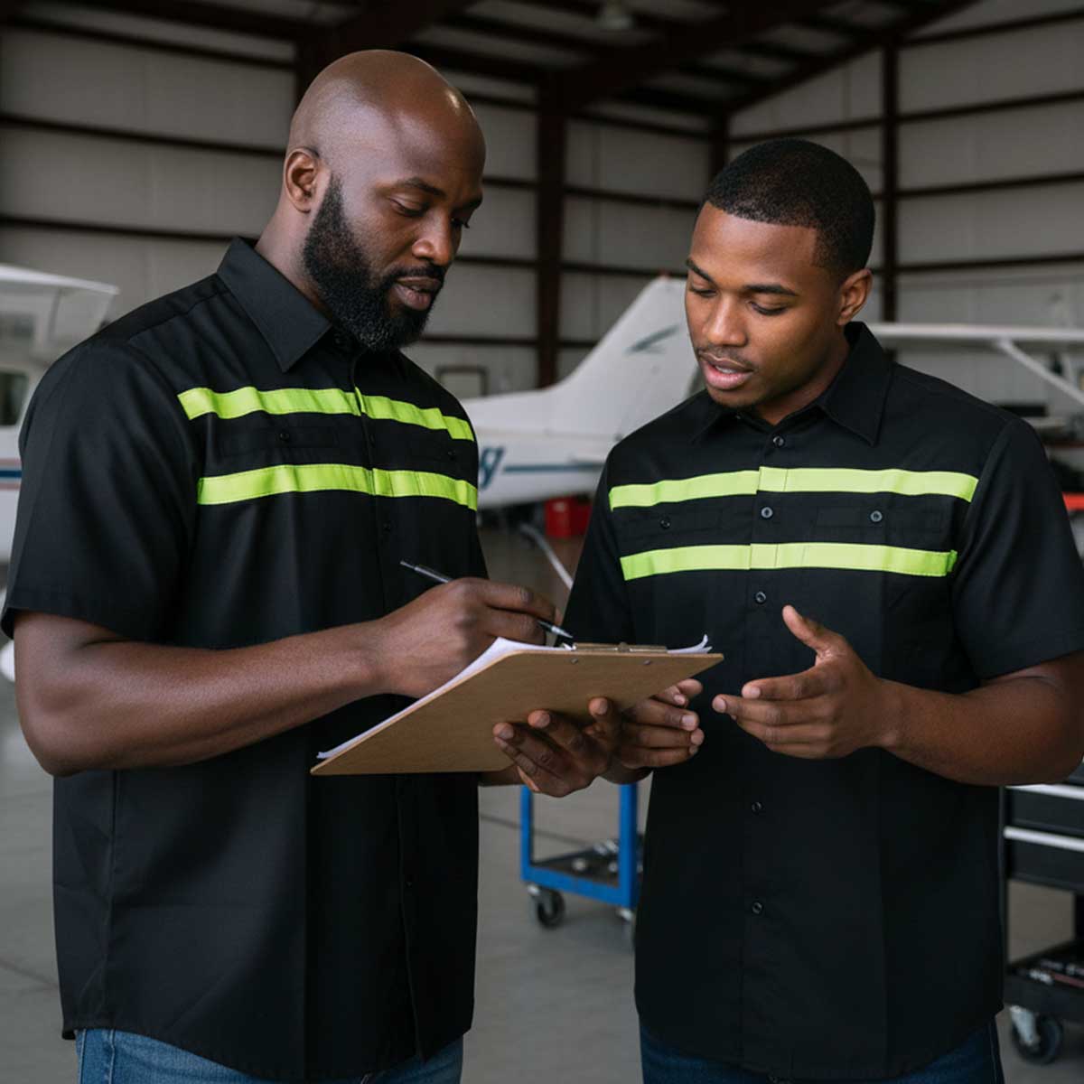 MMCC Men's Petrol Mechanic Button Up Shop Shirt, Reflective Strip, 2-Chest Pockets - Black-Neon Green - MMC16005