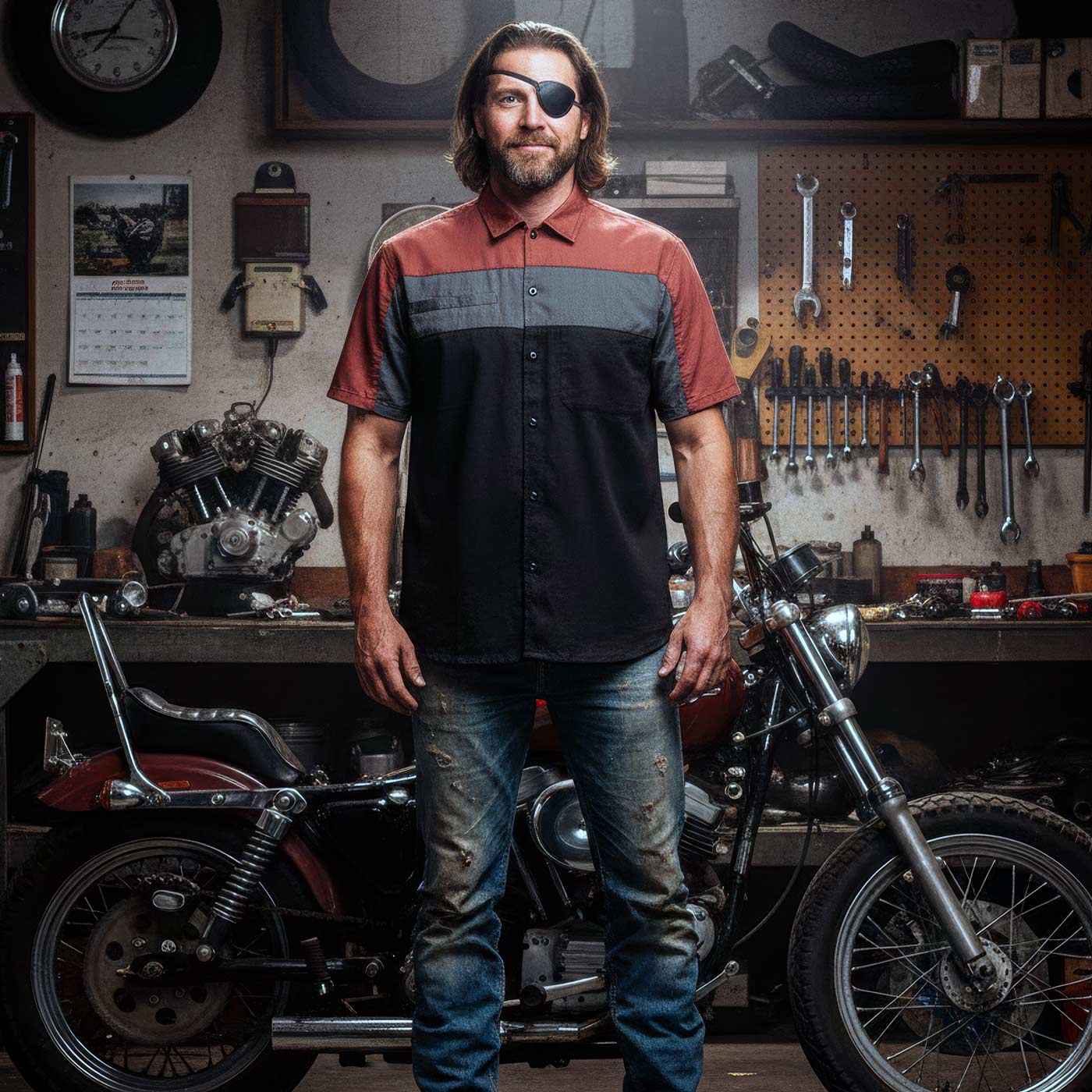 MMCC Men's Pit Stop Mechanic Button Up Shop Shirt, Reflective Strip, 2-Chest Pockets - Black-Grey-Orange - MMC16009