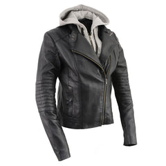 Milwaukee Leather LKL2737 Women's Black Premium Leather Motorcycle Biker Racer Style Scuba Jacket w/ Hoodie