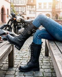 Milwaukee Leather Women's Black 14-inch Lace-Up High-Rise Leather Biker Rider Boots with Calf Buckle MBL9355