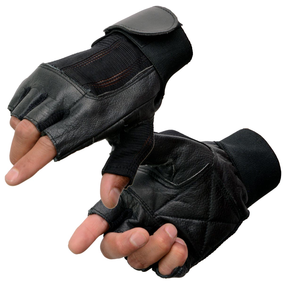 Milwaukee Leather MG7562 Men's Black Spandex and Leather Fingerless Gloves