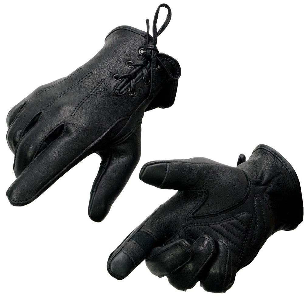 Milwaukee Leather MG7745 Women's 'Laced Wrist' Black Deerskin Leather Gloves with Gel Palms