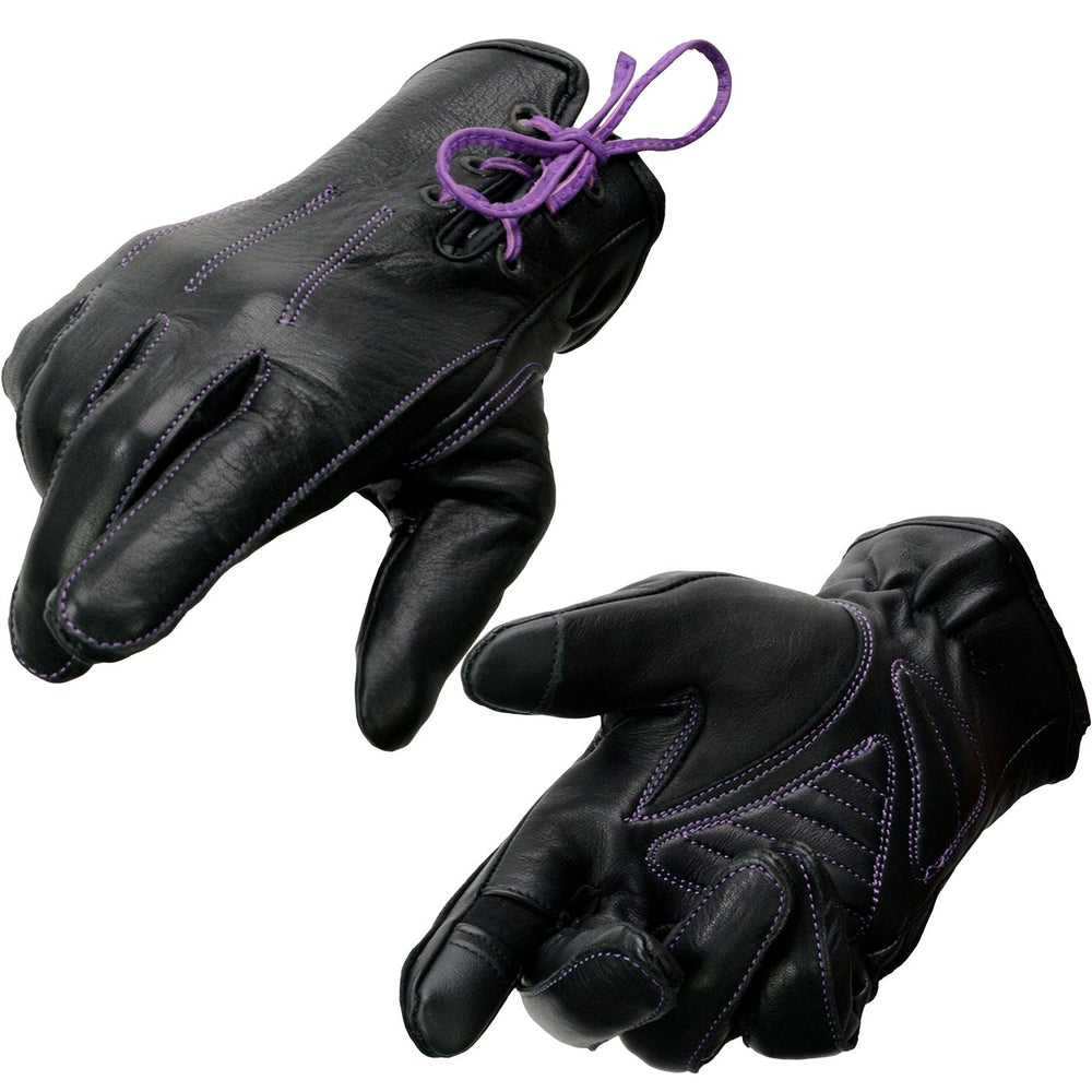 Milwaukee Leather MG7771 Women's 'Laced Wrist' Black and Purple Leather Gloves with Gel Palms