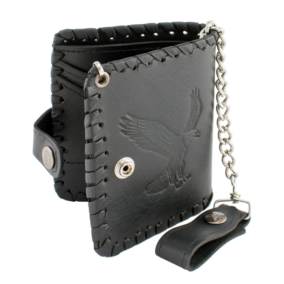 Milwaukee Leather MLW7800 Men's Black Leather 'Flying Eagle' Braided Biker Wallet with Steel Chain