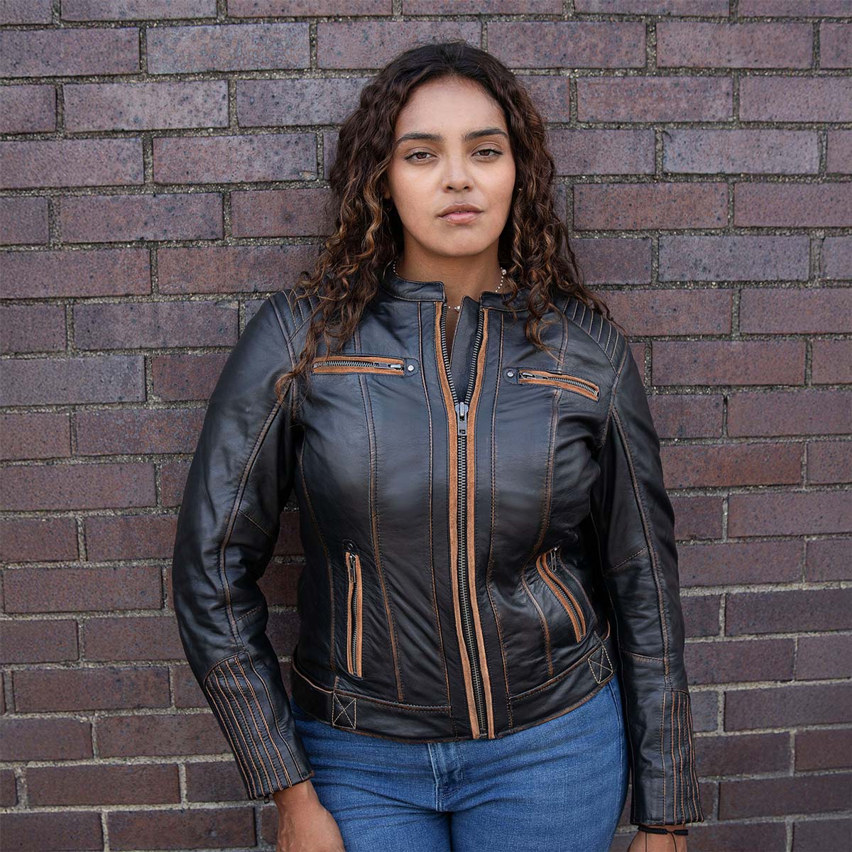 Milwaukee Motorcycle Clothing Co. Women’s Rebel Scooter Style Vinage Brown Leather Jacket w/ Mandarin Collar MMC20003