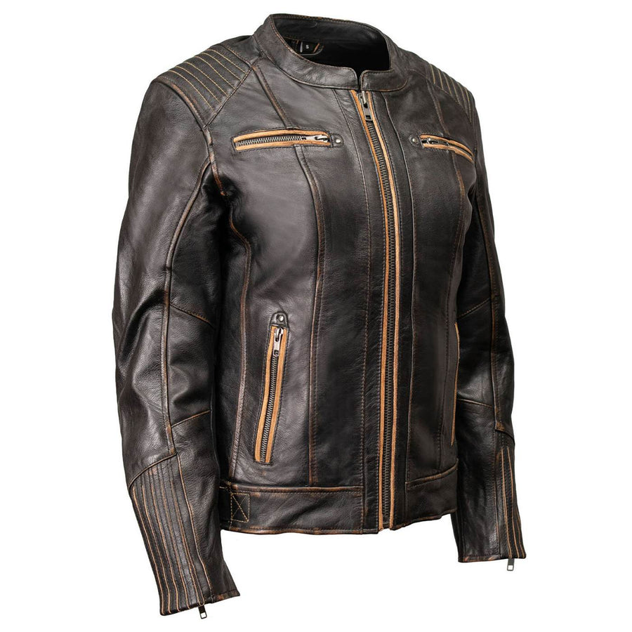 Milwaukee Motorcycle Clothing Co. Women’s Rebel Scooter Style Vinage Brown Leather Jacket w/ Mandarin Collar MMC20003