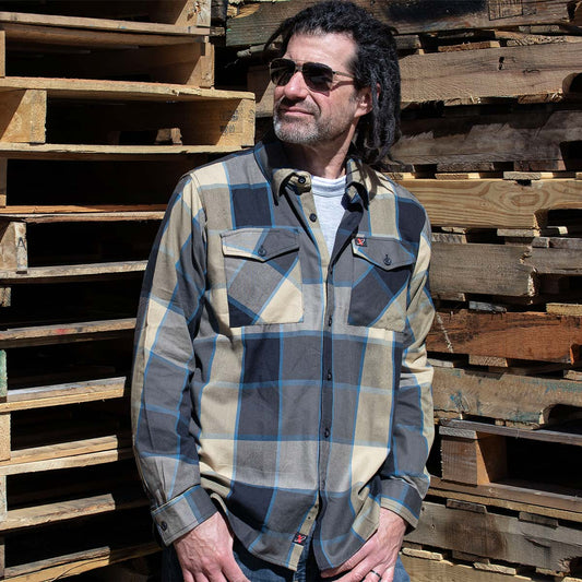 Milwaukee Leather MNG11639 Men's Flannel Plaid Beige with Black and Blue Long Sleeve Cotton Button Down Shirt