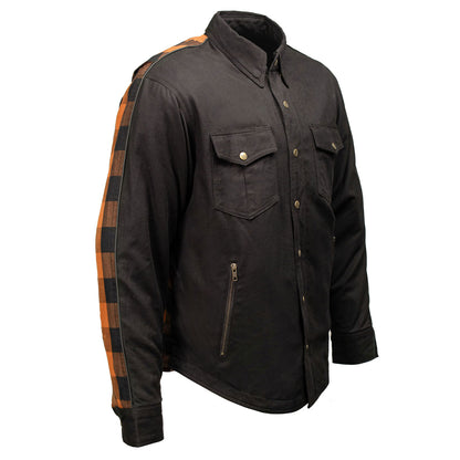 Milwaukee Leather Men’s Two-Tone CE Orange and Black Armored Flannel - Solid Front / Plaid Back - Reinforced w/ Aramid Fibers - MPM1672