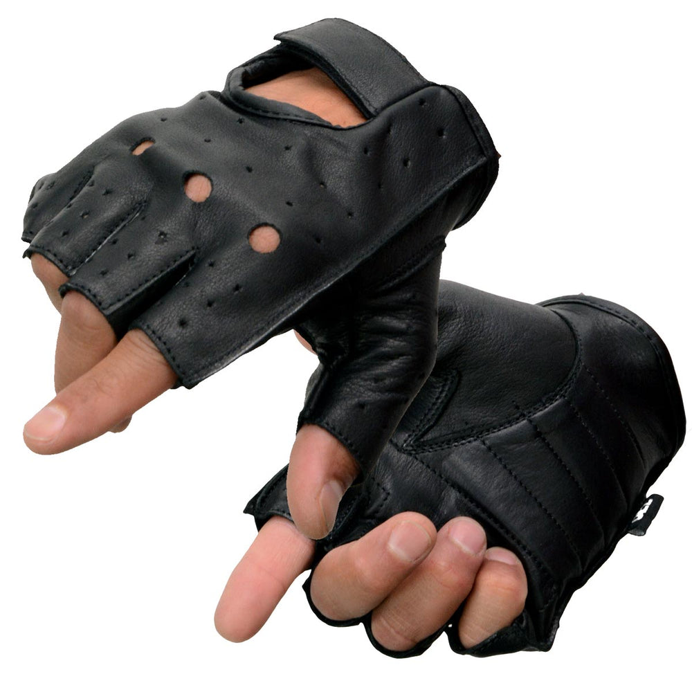 Milwaukee Leather SH195 Men's 'Open Knuckles' Black Leather Fingerless Gloves with Gel Palm