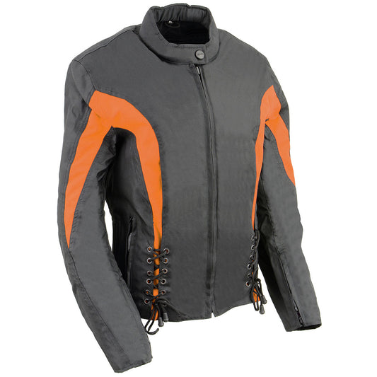 Nexgen SH2188 Women's Black and Orange Textile Motorcycle Riding Jacket with Side Stretch and Lacing