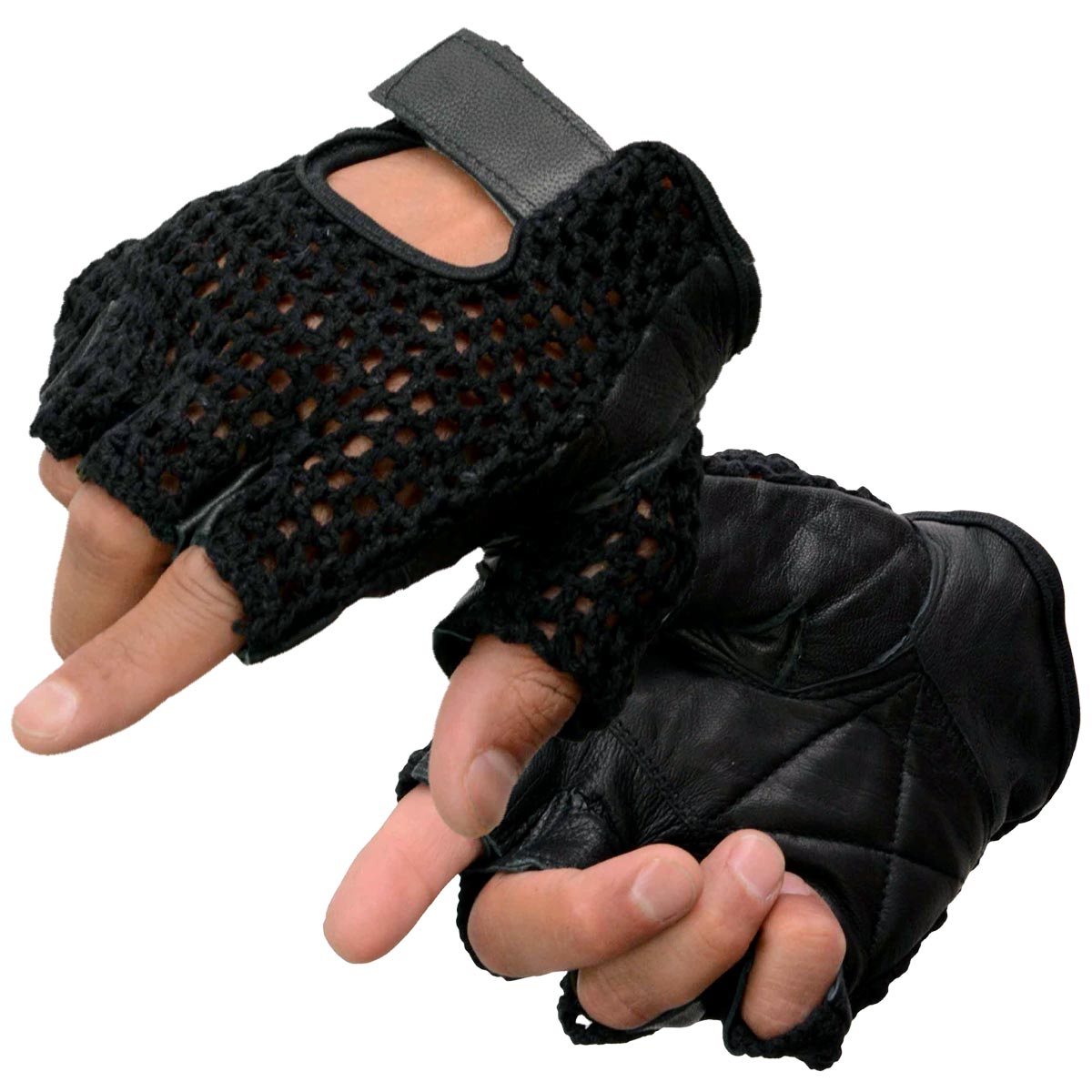Milwaukee Leather SH219 Men’s Black Leather and Mesh Fingerless Gloves with Padded Palm