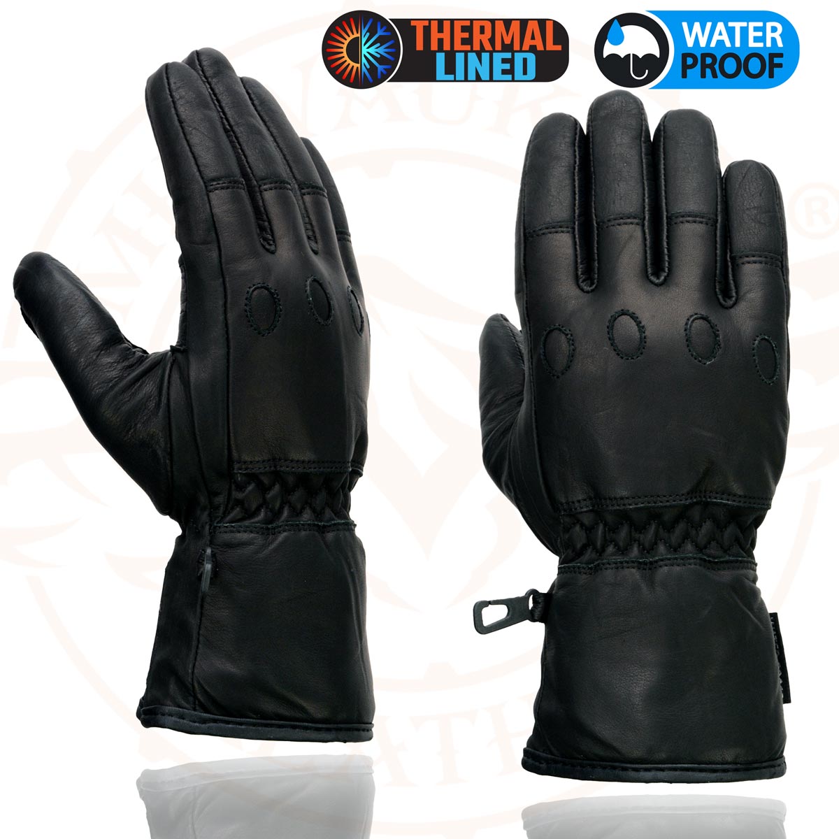 Milwaukee Leather Men's Black Gauntlet Motorcycle Gloves-Black Soft Leather Waterproof Cinch Wrist Closure-SH293