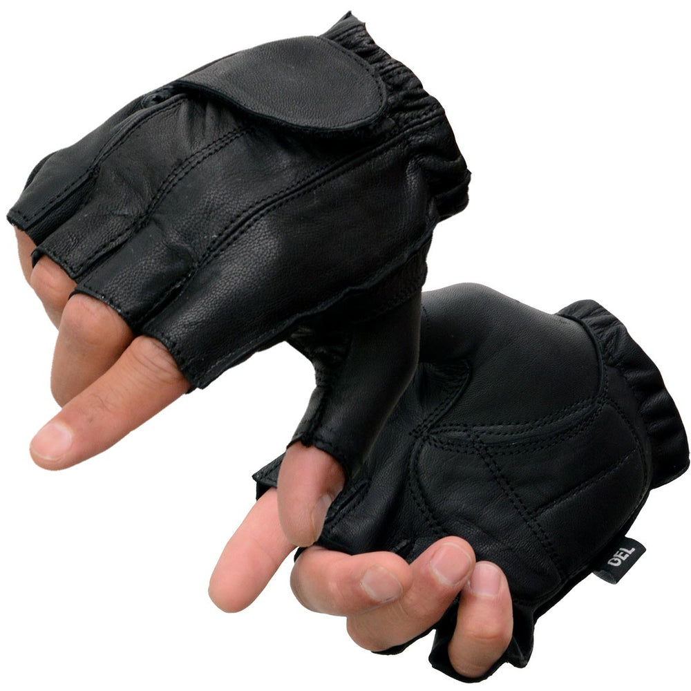 Milwaukee Leather SH442 Men's Black Leather Full Panel Fingerless Gloves with Gel Palm