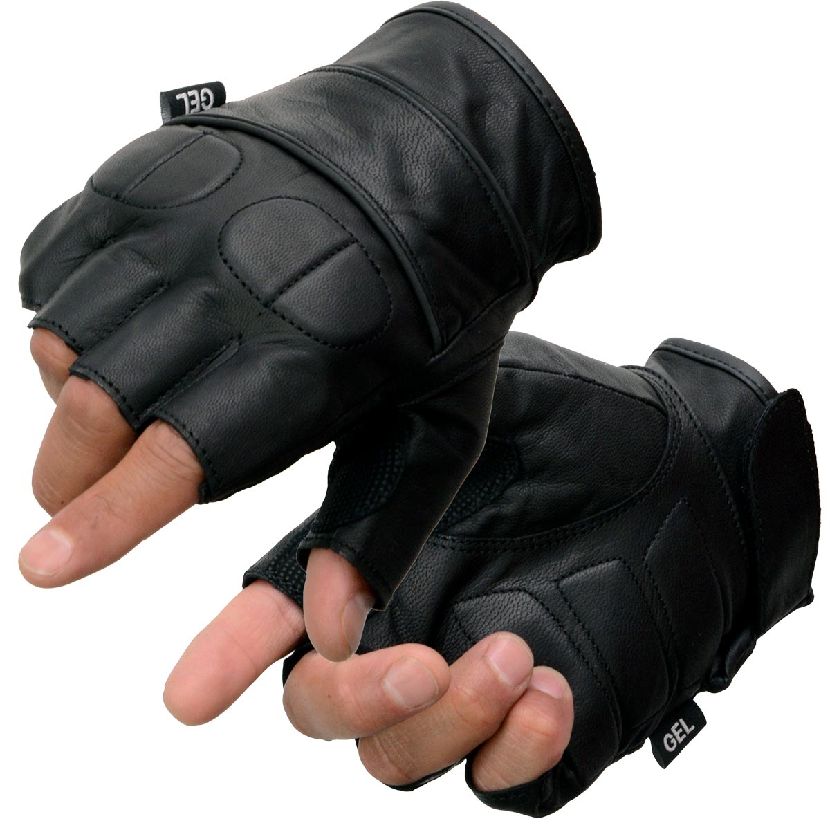 Milwaukee Leather SH462 Men's Black Fingerless Leather Gloves with Gel Palm
