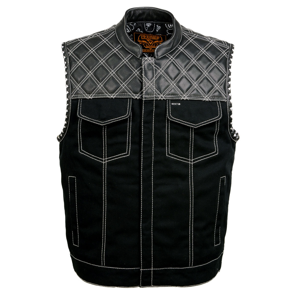 Milwaukee Leather MDM3035 Men’s Wrecker Club Vest – Black Denim & Leather, Diamond Quilt, White Stitch