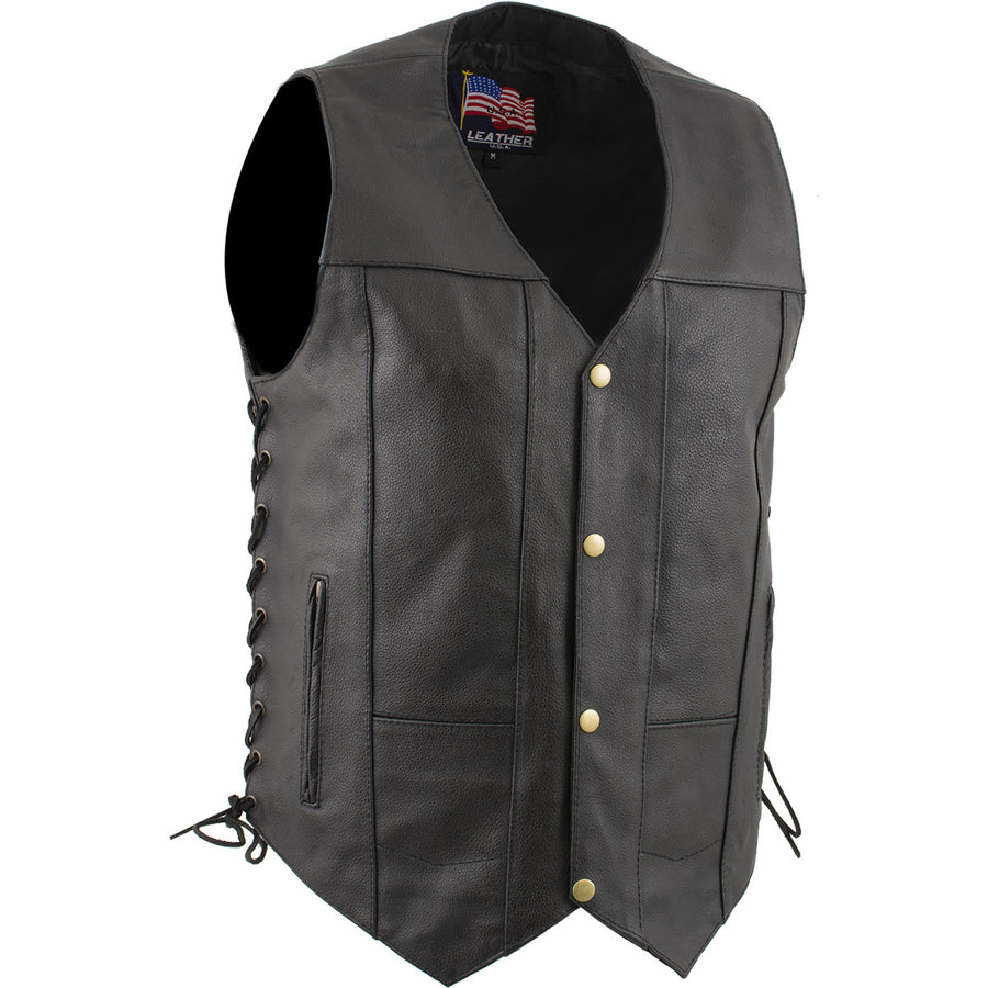USA Leather 1204 Men's Black 'Dime' Classic Leather Ten Pocket Motorcycle Biker Vest with Side Laces