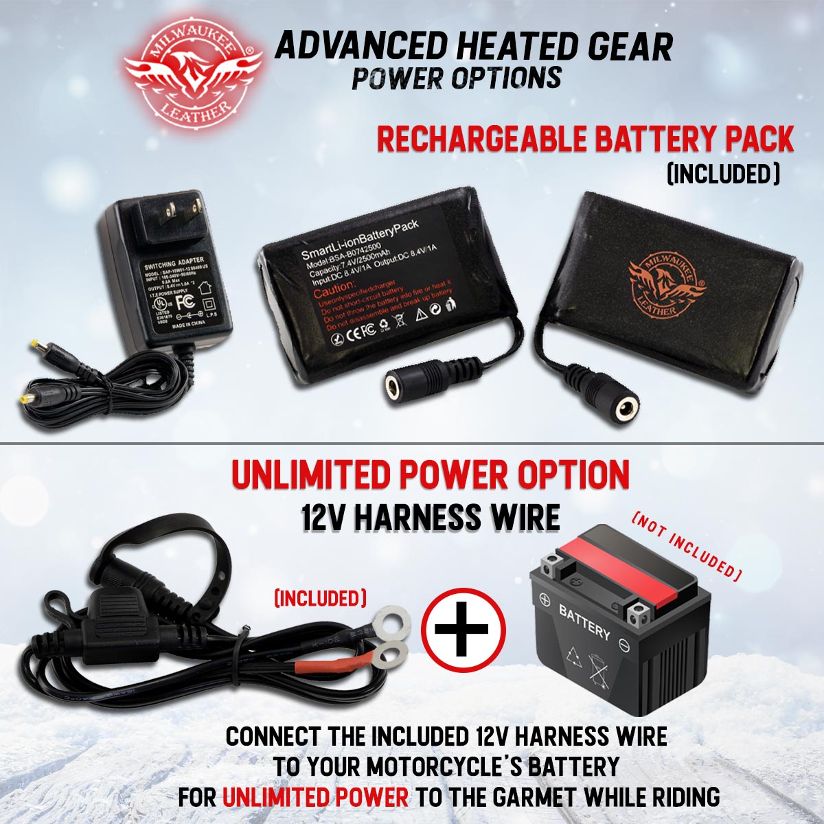 Milwaukee Leather MG17501SET Men’s Heated Black Leather/Textile Winter Gloves /Harness Wire and i-Touch