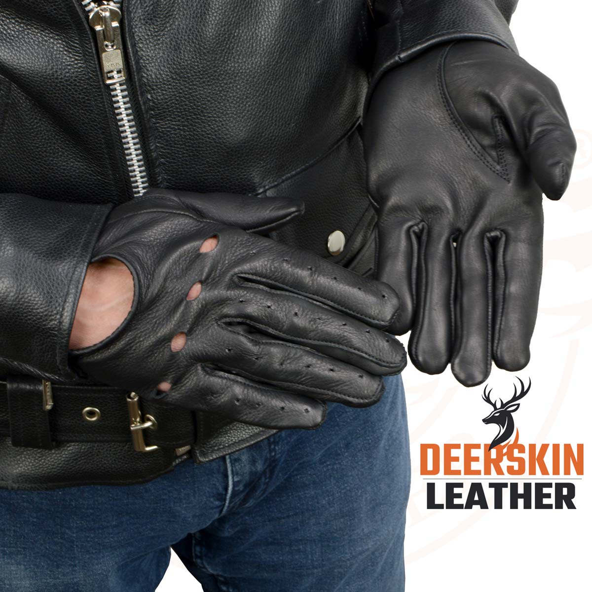 Milwaukee Leather SH868 Men's Open Knuckle USA Deerskin Black Perforated Leather Motorcycle Riders Gloves