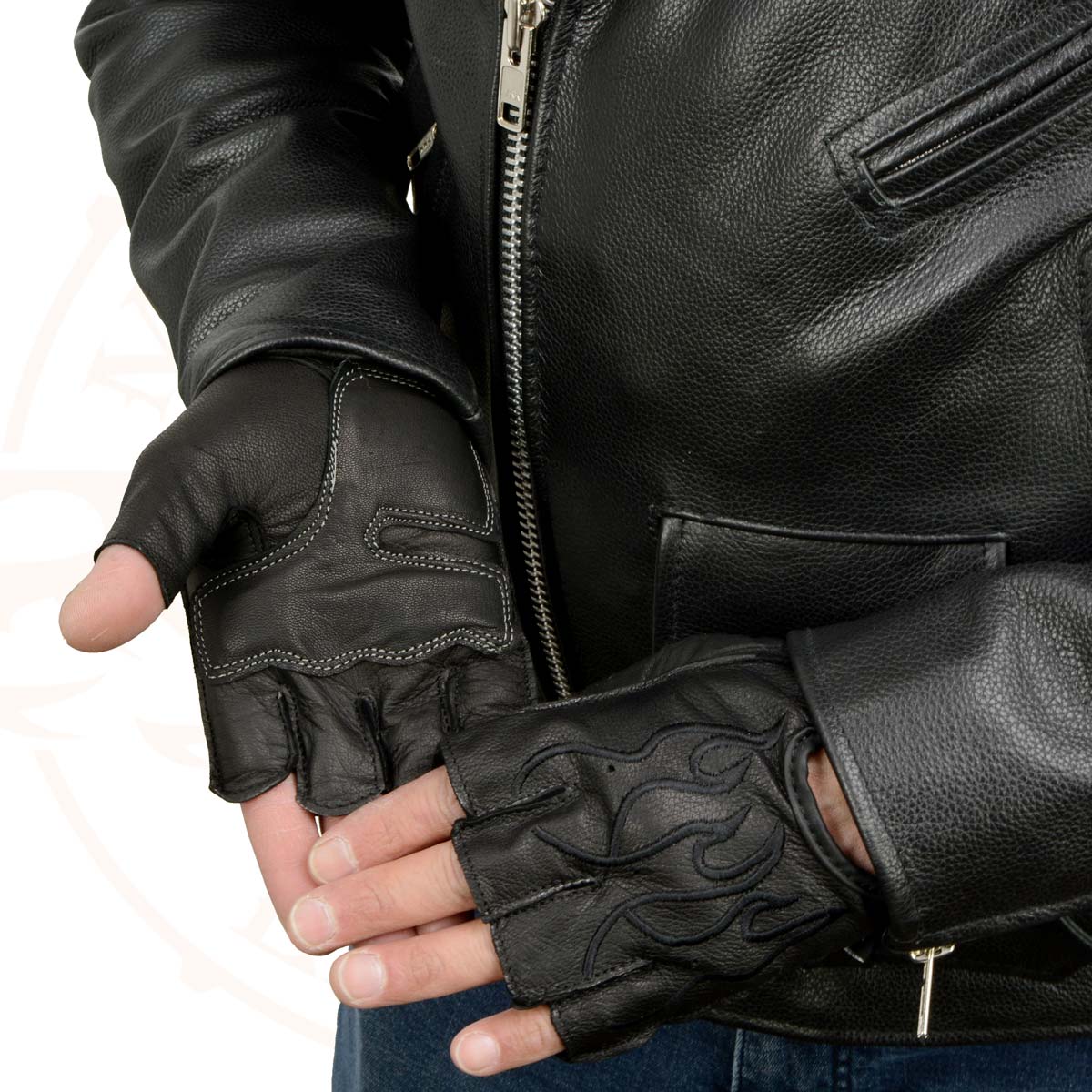 Milwaukee Leather SH198 Men's Black Leather Gel Padded Palm Fingerless Motorcycle Gloves w/ Flame Embroidery