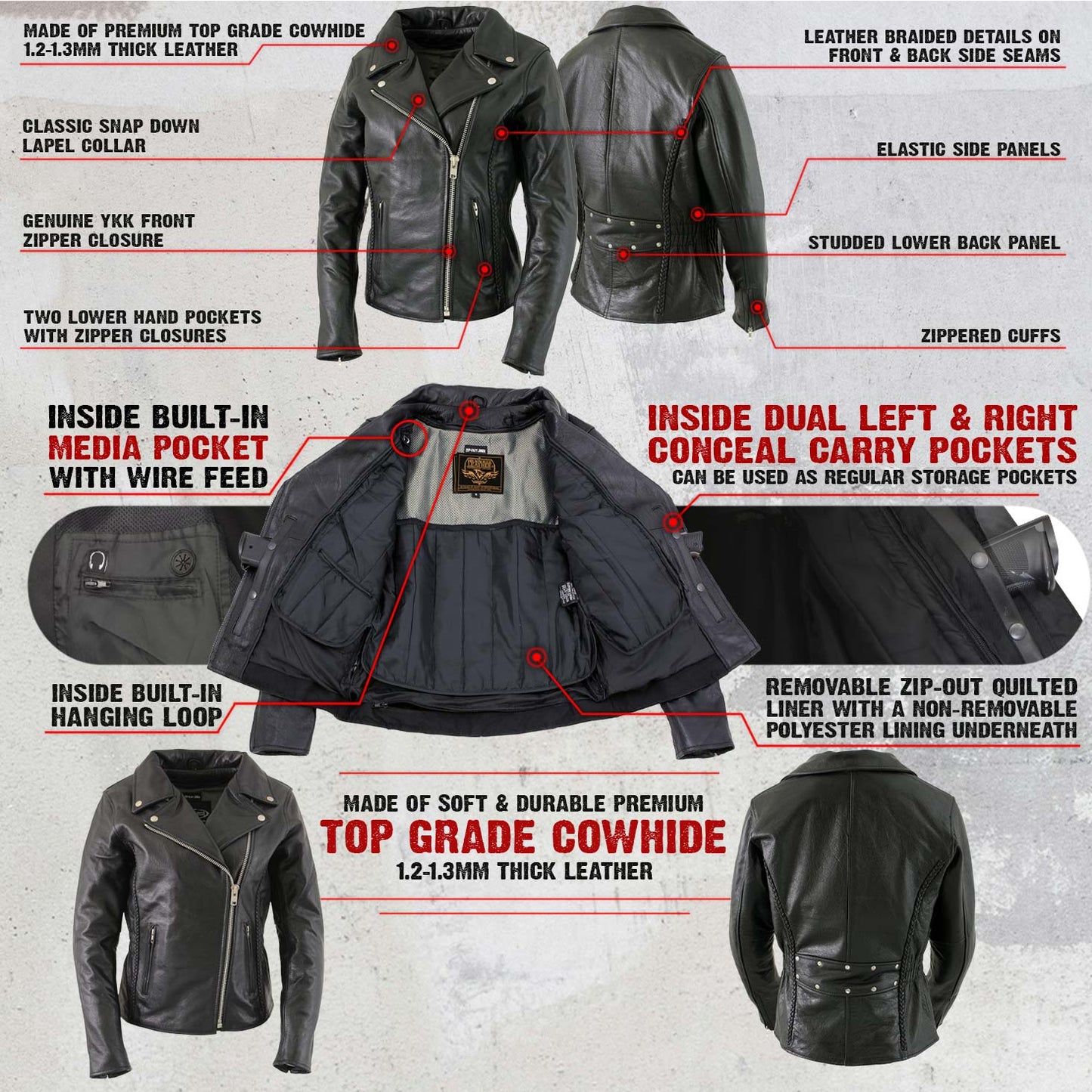 Milwaukee Leather LKL27001 Women's Classic Braided Premium Black Leather Fitted Motorycle Riders Biker Jacket