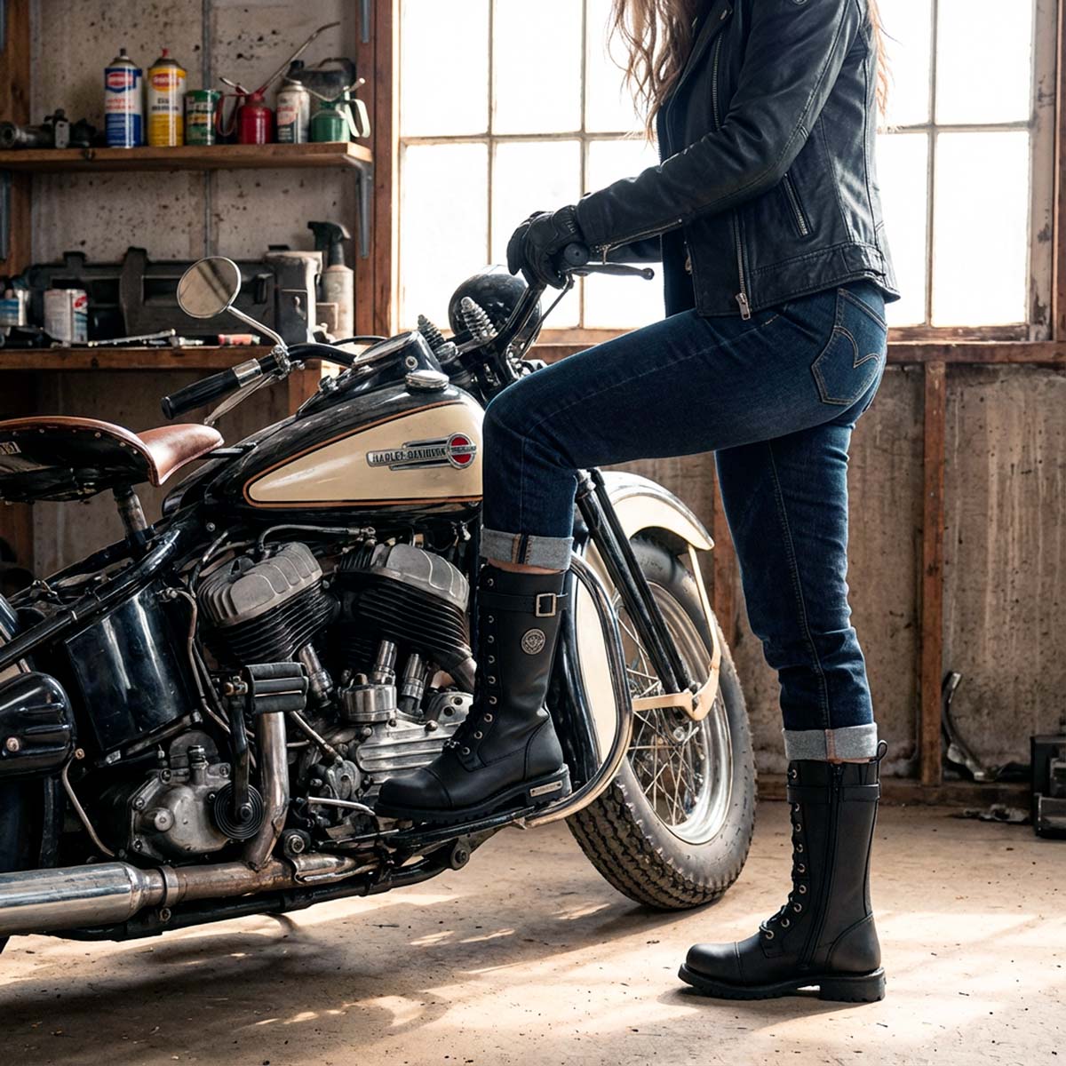 Milwaukee Leather Women's Black 14-inch Lace-Up High-Rise Leather Biker Rider Boots with Calf Buckle MBL9355