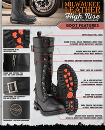 Milwaukee Leather Women's Black 14-inch Lace-Up High-Rise Leather Biker Rider Boots with Calf Buckle MBL9355