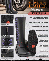 Milwaukee Leather Women's Black 14-inch Leather Harness Motorcycle Boots with Purple Accent Lacing MBL9366
