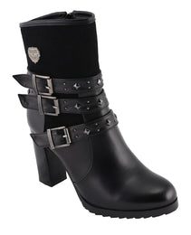 Milwaukee Leather MBL9433 Women's Black Triple Buckle Strap Fashion Riding Boots with Block Heel
