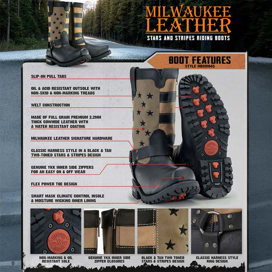 Milwaukee Leather Men's Stars and Stripes Black with Tan Motorcycle Rider Harness Boots MBM9045