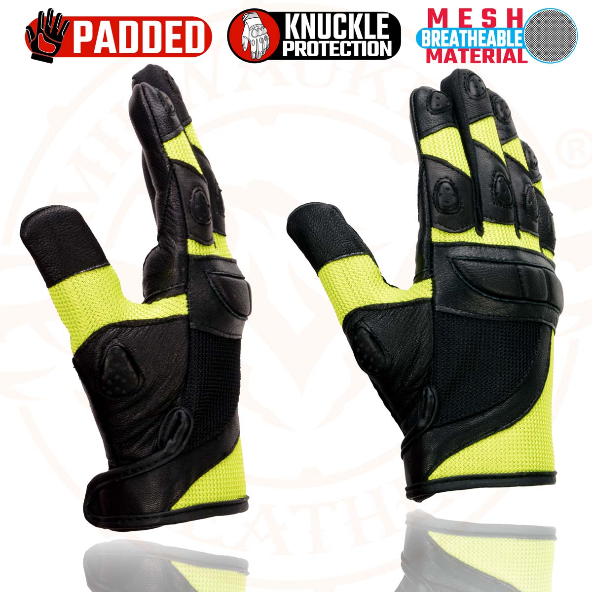 Milwaukee Leather MG7740 Women's Padded Black Leather and Neon Green Mesh Racing Motorcycle Rider Gloves