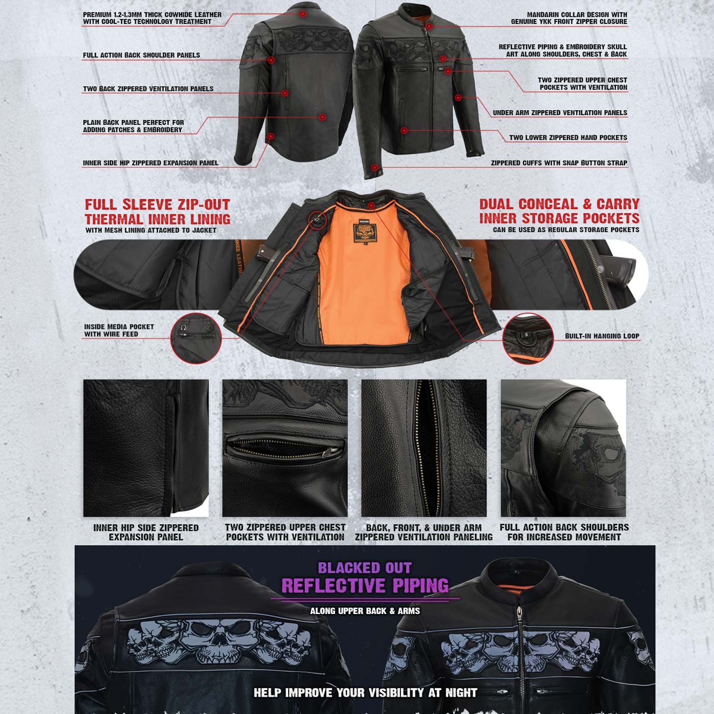 Milwaukee Leather MLM1501 Men's Reflective Skulls Premium Black Leather Motorcycle Jacket w/ Cool-Tec Treatement