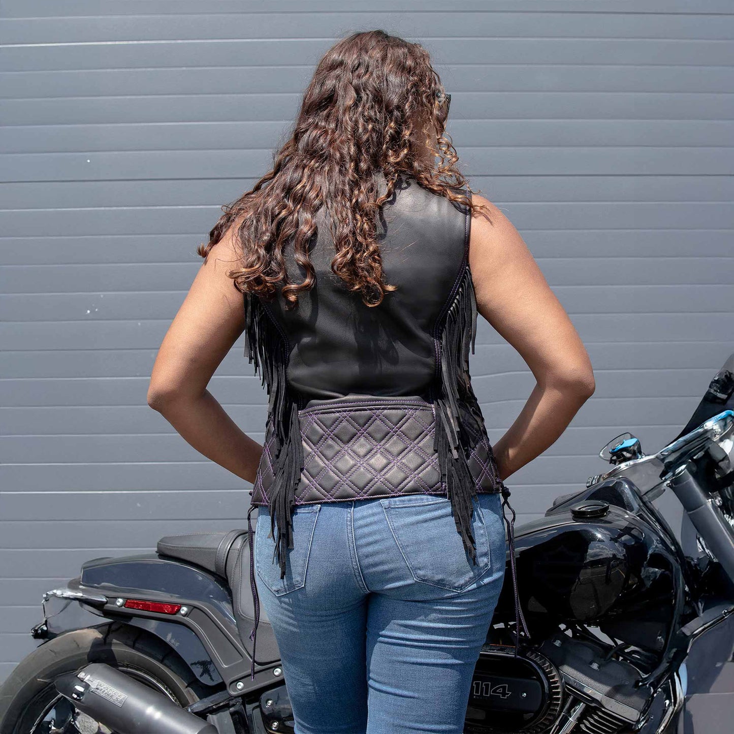 Milwaukee Motorcycle Clothing Co. Women’s Liberty Black and Purple Leather V-Neck Biker Vest w/ Side Lacing MMC40006