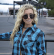 Milwaukee Leather MNG21617 Women's Black and Aqua Long Sleeve Cotton Flannel Shirt