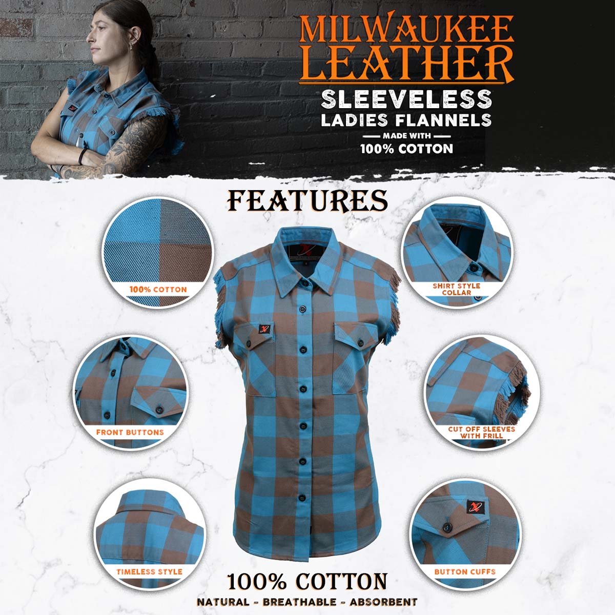 Milwaukee Leather MNG21623 Women's Flannel Brown/Aqua Button