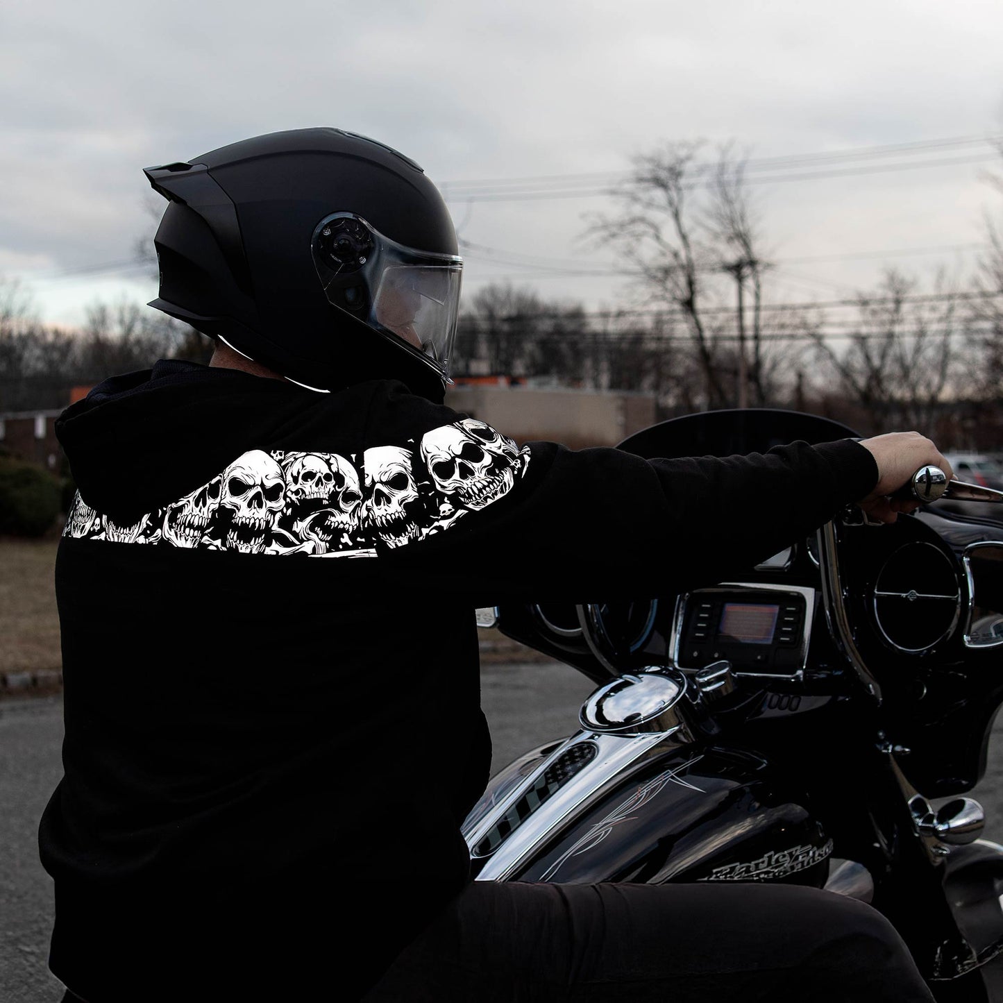 MMCC Men’s Bare Bones Hoodie – Reflective Skull Graphics Front & Back, Full Zip, 100 % Cotton, MPM1681