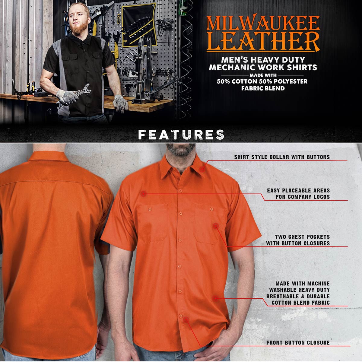 Milwaukee Leather Men’s Classic Button-Up Mechanic Durable Work Shirt - Short Sleeve Cotton Twill Garage Shirt