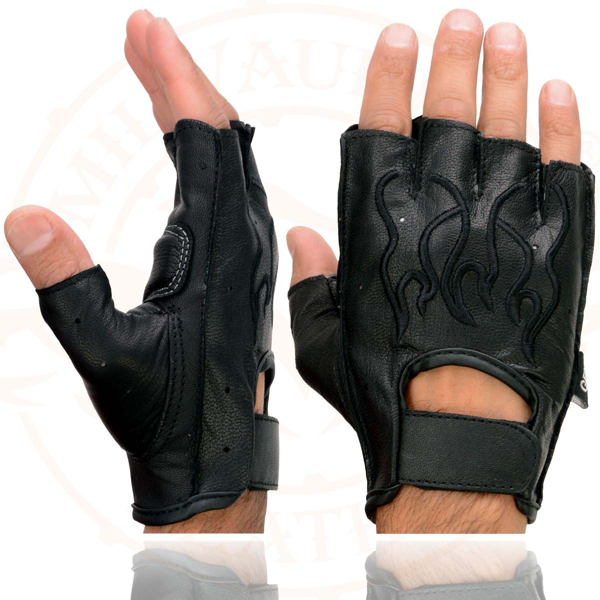 Milwaukee Leather SH198 Men's Black Leather Gel Padded Palm Fingerless Motorcycle Gloves w/ Flame Embroidery