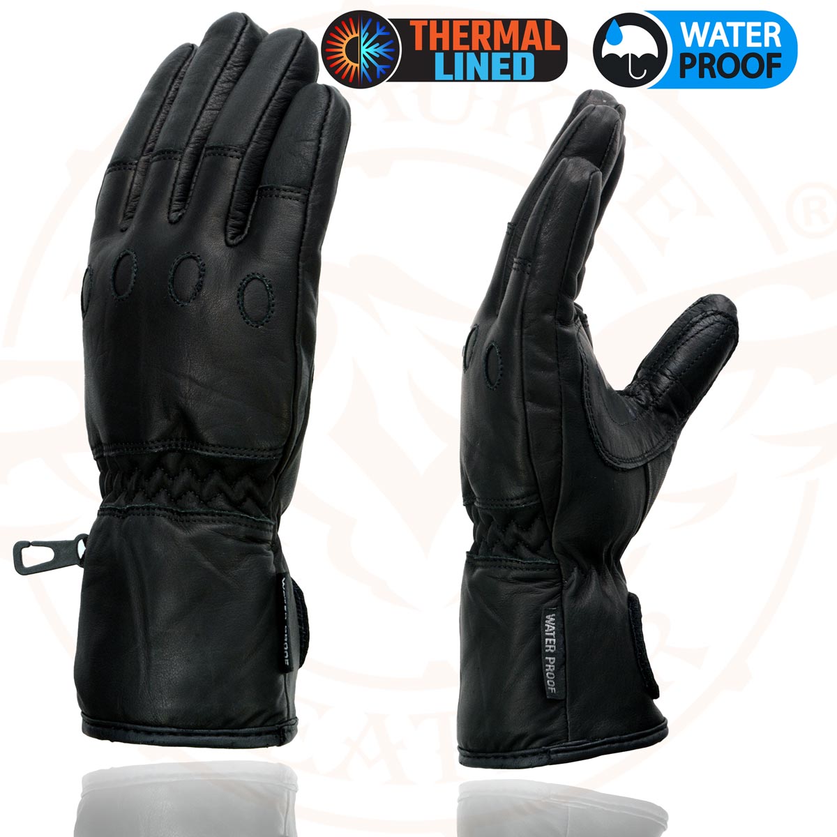 Milwaukee Leather Men's Black Gauntlet Motorcycle Gloves-Black Soft Leather Waterproof Cinch Wrist Closure-SH293