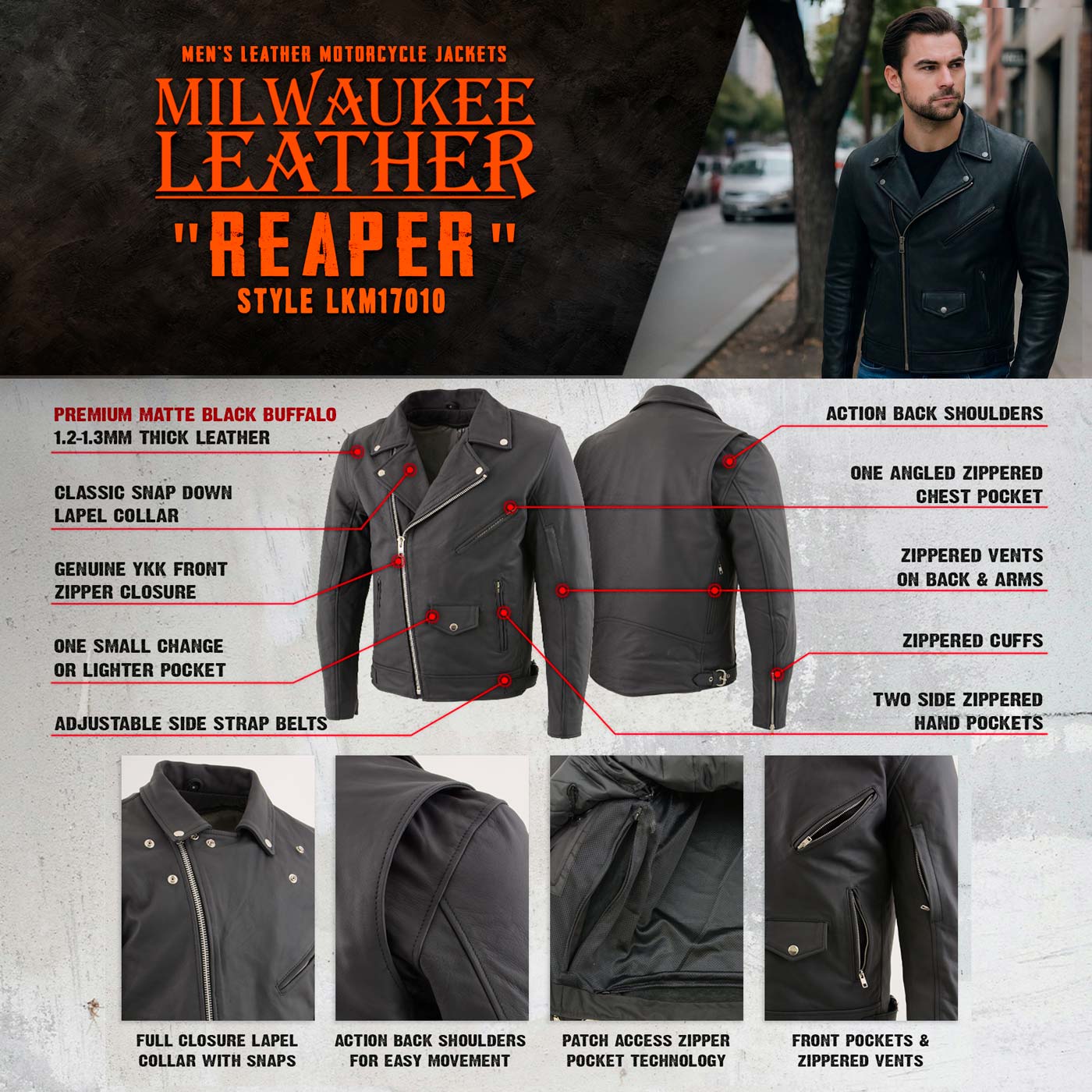 Milwaukee Leather LKM17010 Men's Reaper Premium Matte Black Leather Motorcycle Biker Riders Jacket
