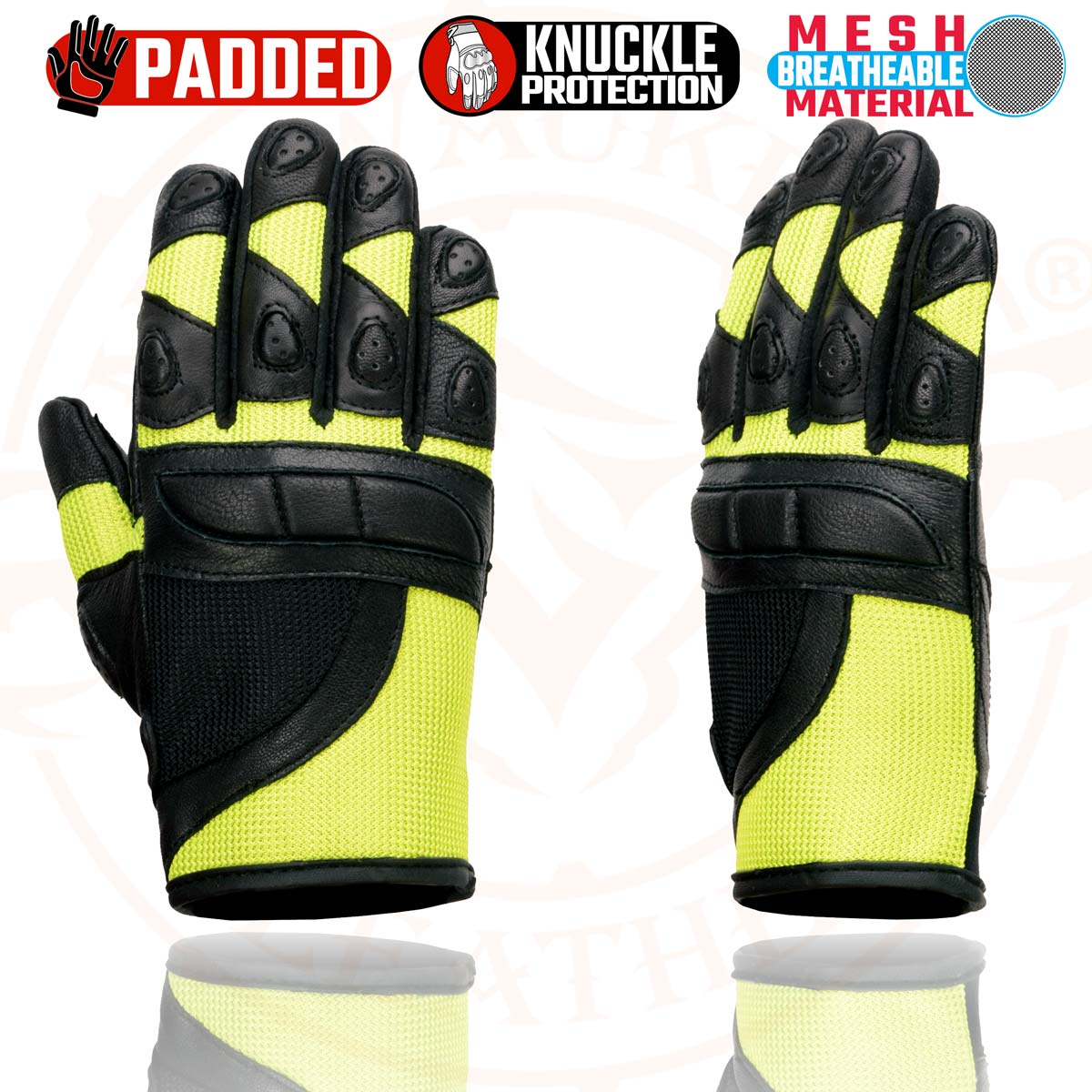 Milwaukee Leather MG7740 Women's Padded Black Leather and Neon Green Mesh Racing Motorcycle Rider Gloves