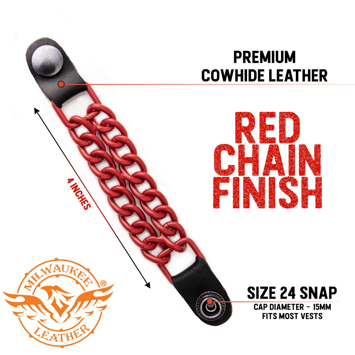 Milwaukee Leather MLA6092 Red 4 Inch 4-PCS Vest Extender Set - Double Chrome Chains w/ Genuine Leather