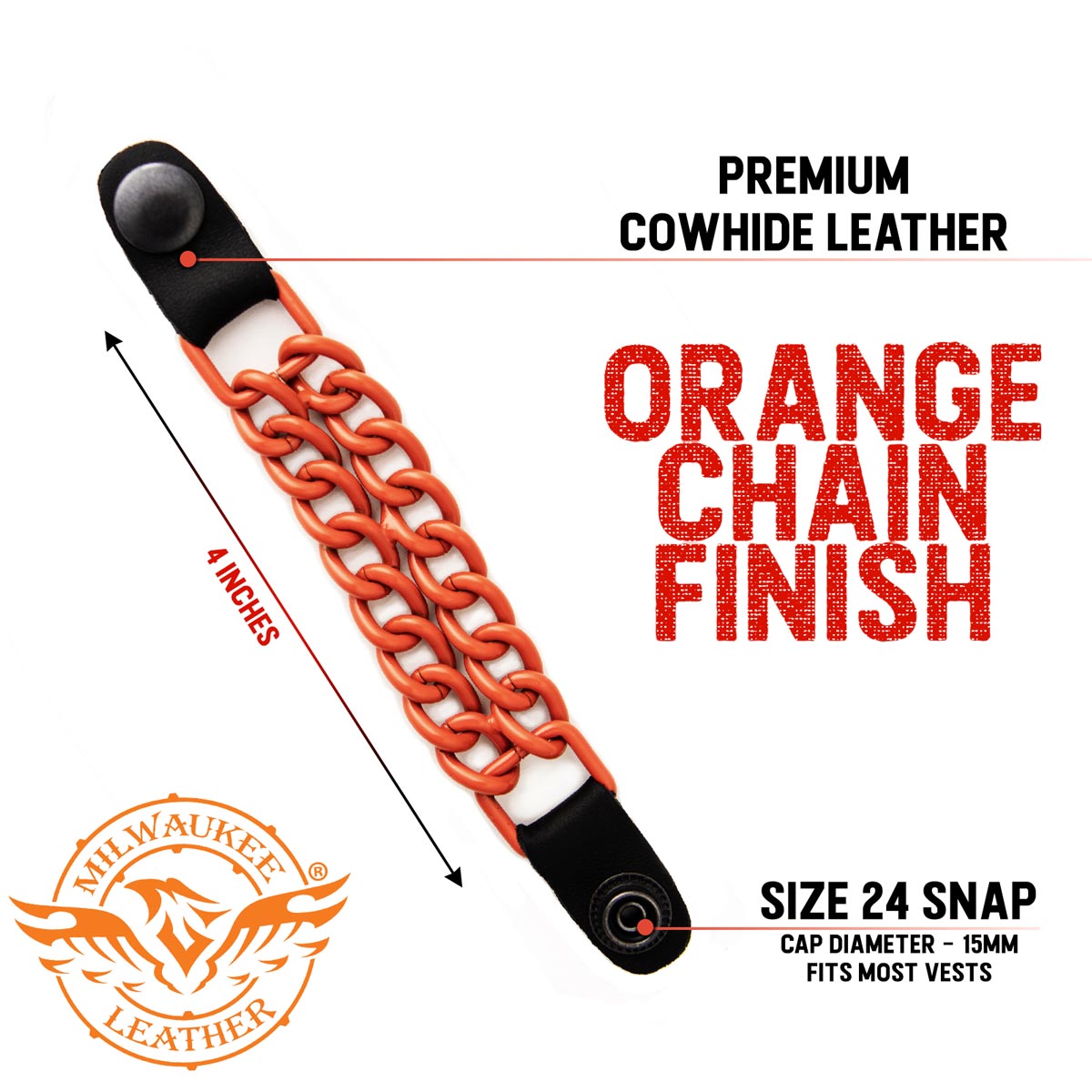 Milwaukee Leather MLA6093 Orange 4 Inch 4-PCS Vest Extender Set - Double Chrome Chains w/ Genuine Leather
