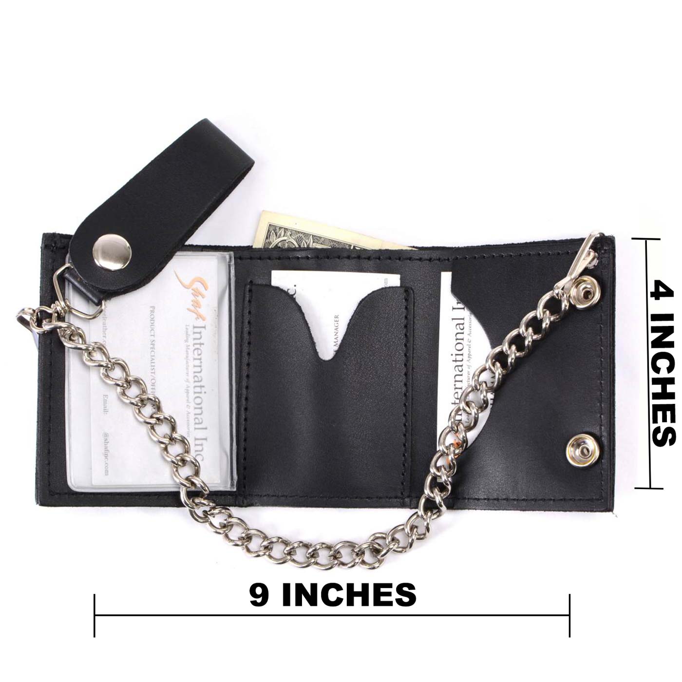 Milwaukee Leather MLW7831 Men's 4" Classic Black Plain Genuine Leather Tri-Fold Biker Wallet w/ Anti-Theft Stainless Steel Chain
