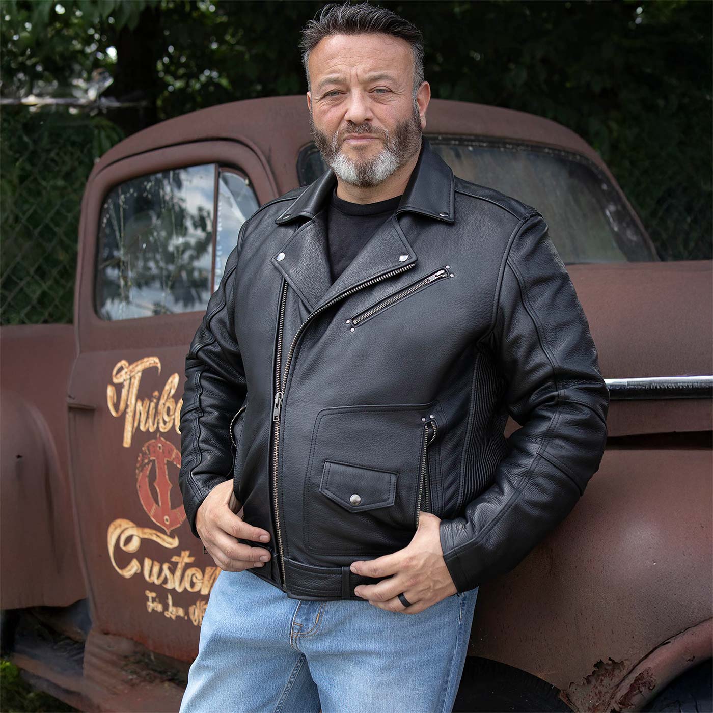 Milwaukee Motorcycle Clothing Co. Men's Unforgiven MC Style Black Leather Jacket w/ Lapel Collar MMC10008
