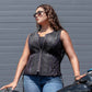 Milwaukee Motorcycle Clothing Co. Women’s Liberty Black and Purple Leather V-Neck Biker Vest w/ Side Lacing MMC40006